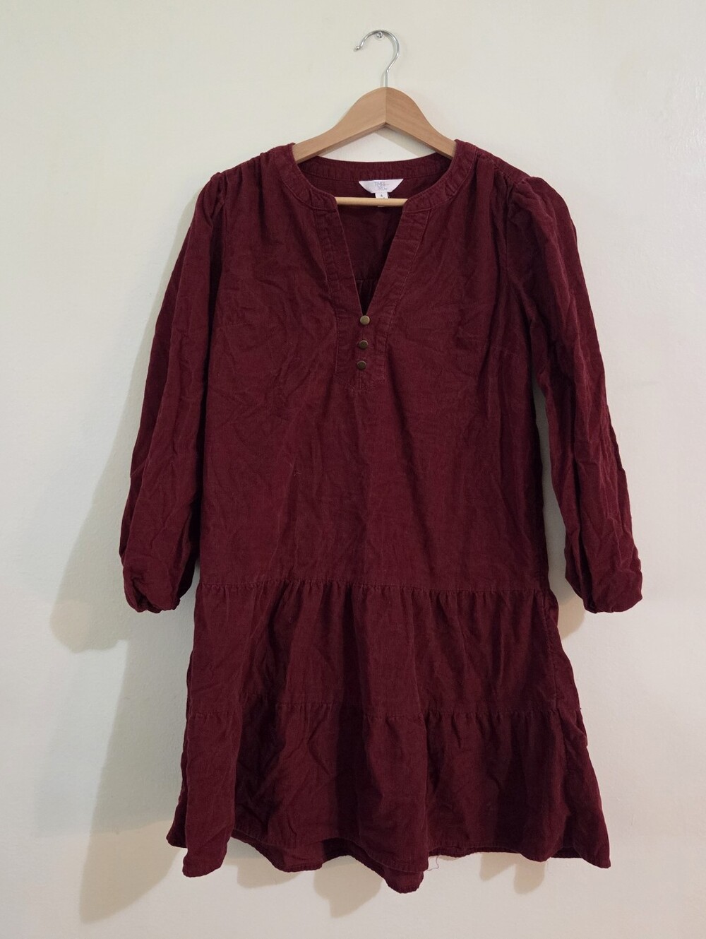 Burgundy Long-Sleeve Tiered Babydoll Dress